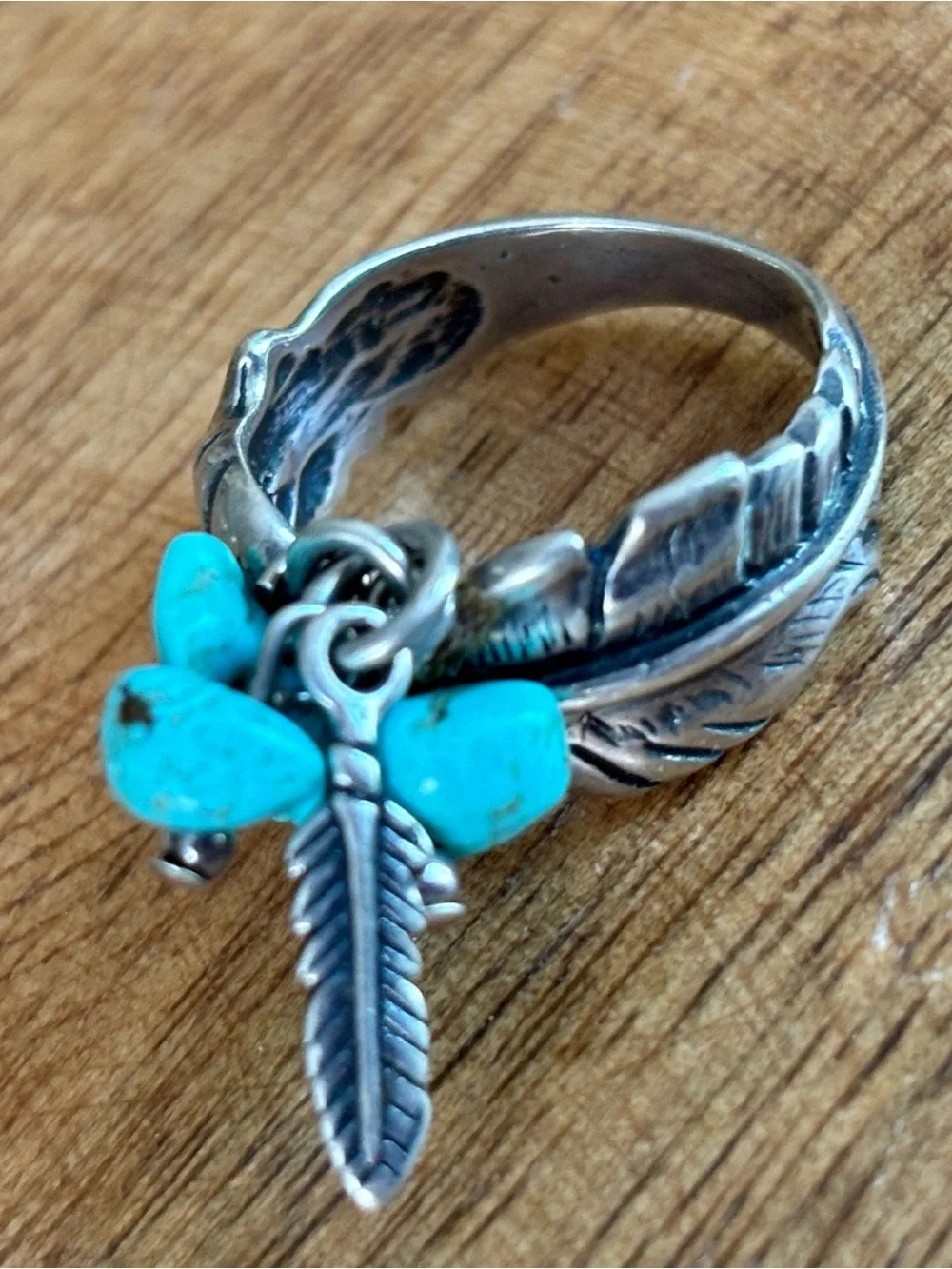 Vintage Turquoise Nuggets Feather Charm Sterling Silver Ring - size 5.5 - Picture 12 of 14